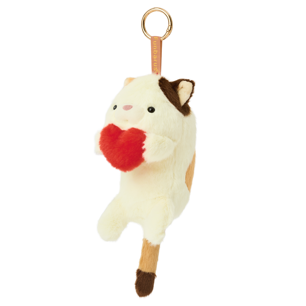 Product image shows Posture Pal Bag Charm, Calico variant with a brown tag and gold circle clip. Calico is cream, dark brown and tan colored, holding a red plush heart between its hands.
