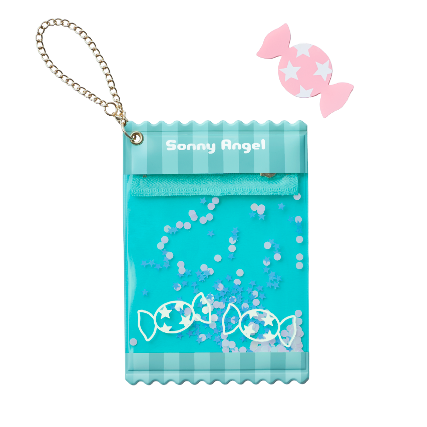 Blue pouch with candy designs and 'Sonny Angel' branding on a white background