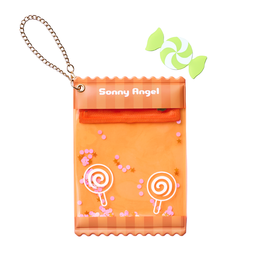 Orange pouch with lollipop designs and 'Sonny Angel' branding on a white background