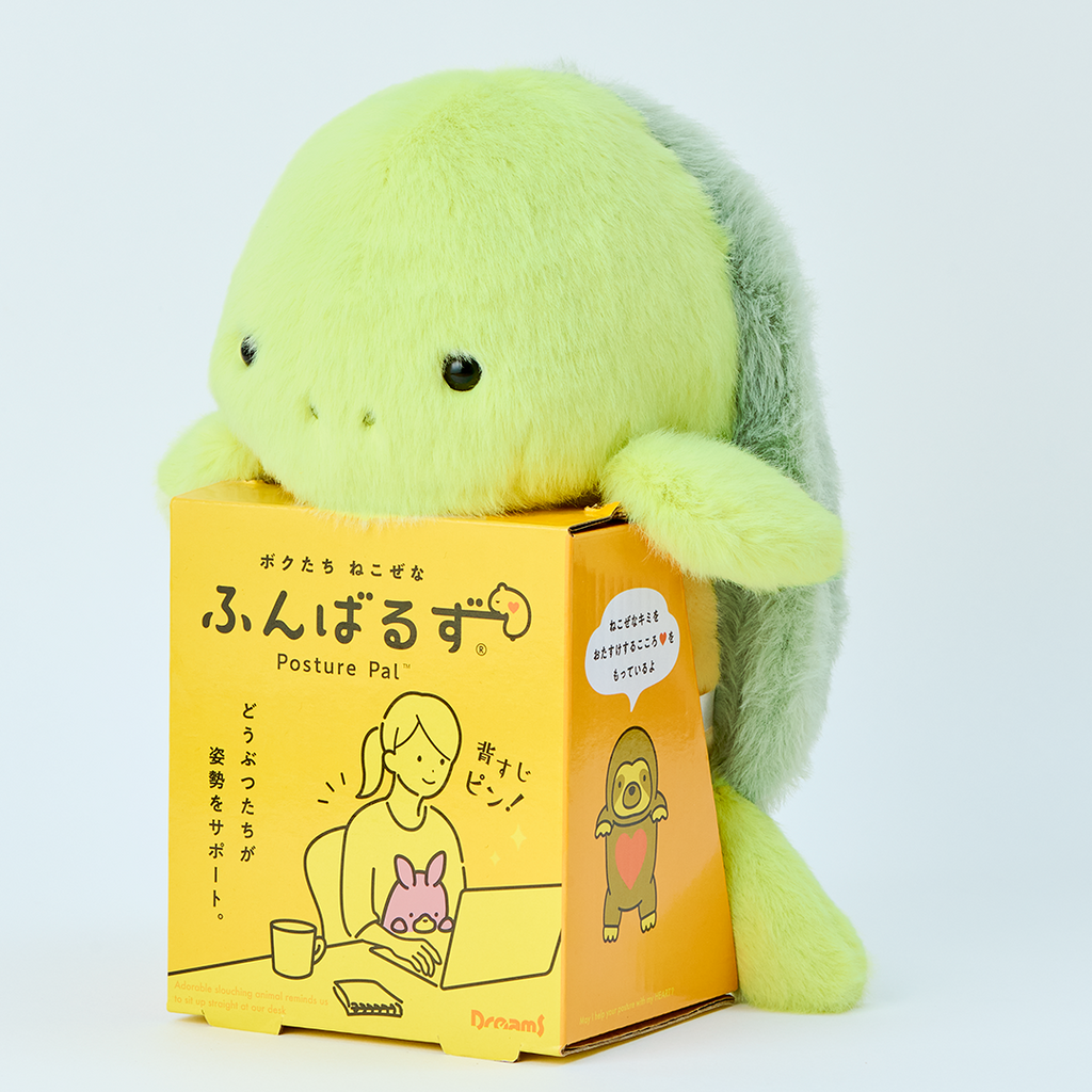 Image shows green Turtle Posture Pal in its yellow cardboard packaging which shows the product name in both English and Japanese as well as a cartoon image of a female sitting with a Posture Pal at her desk. The image is set on a white background. 