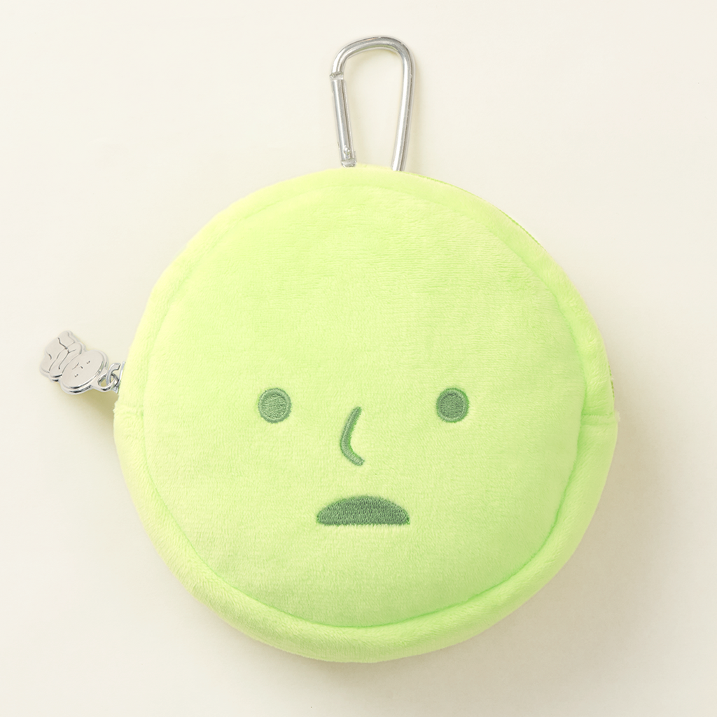Set on white background, green embroidered SMISKI Cushion Pouch showing silver clip and silver Hugging Knees zipper design