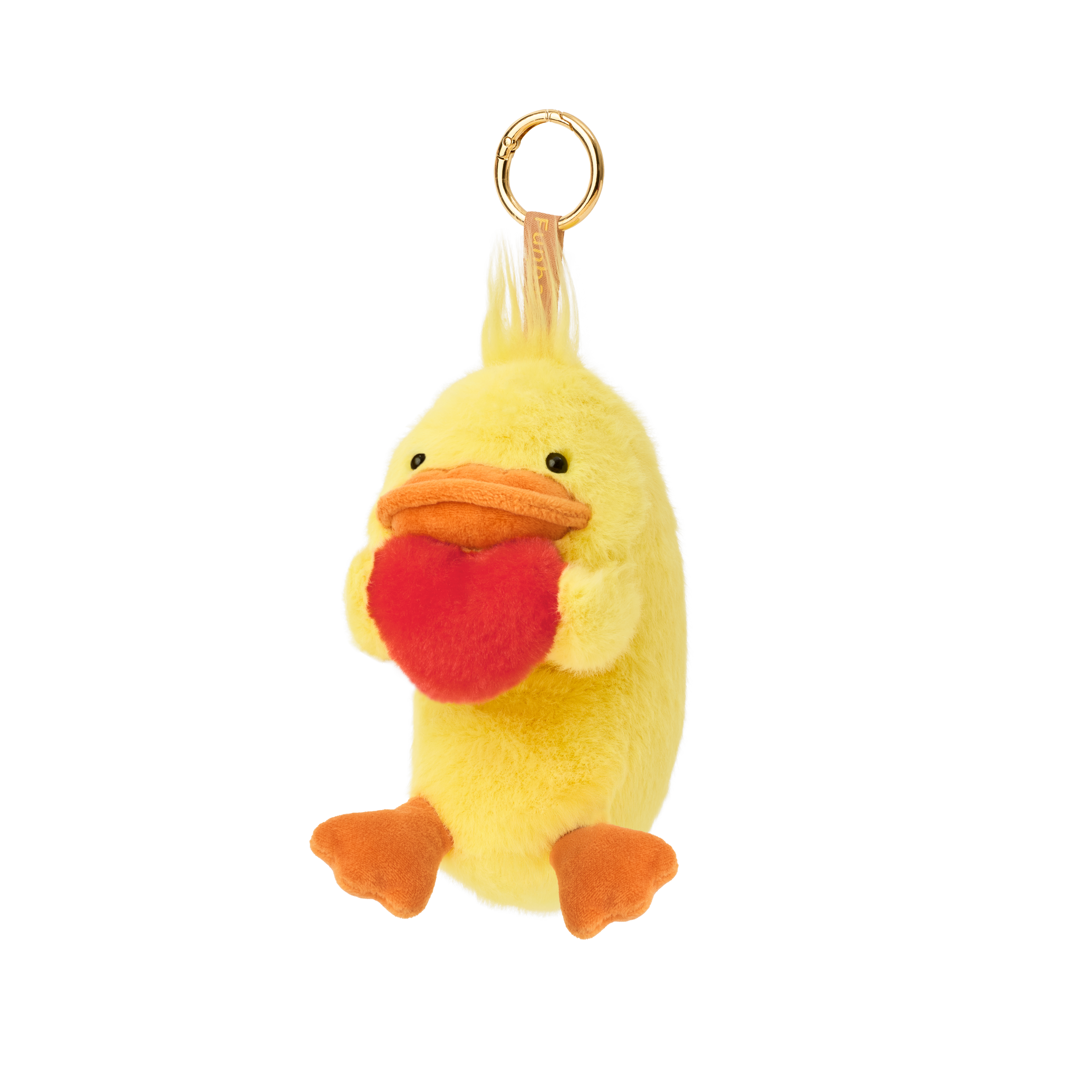 Product image shows Posture Pal Bag Charm, Duck variant with a brown tag and gold circle clip. Duck is bright yellow and orange colored, holding a red plush heart between its hands. 