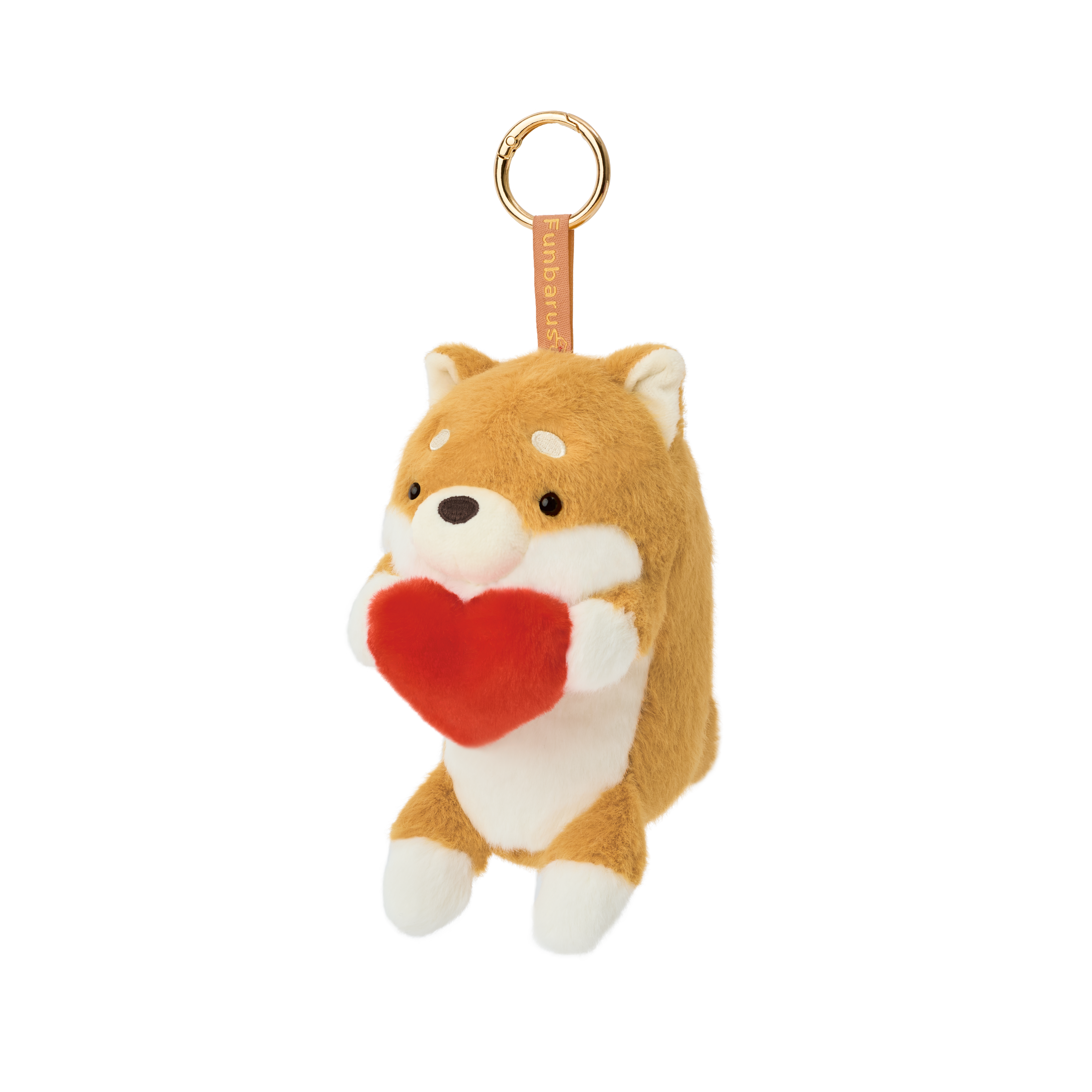 Product image shows Posture Pal Bag Charm, Shiba Inu variant with a brown tag and gold circle clip. Shiba Inu is cream and tan colored, holding a red plush heart between its hands.