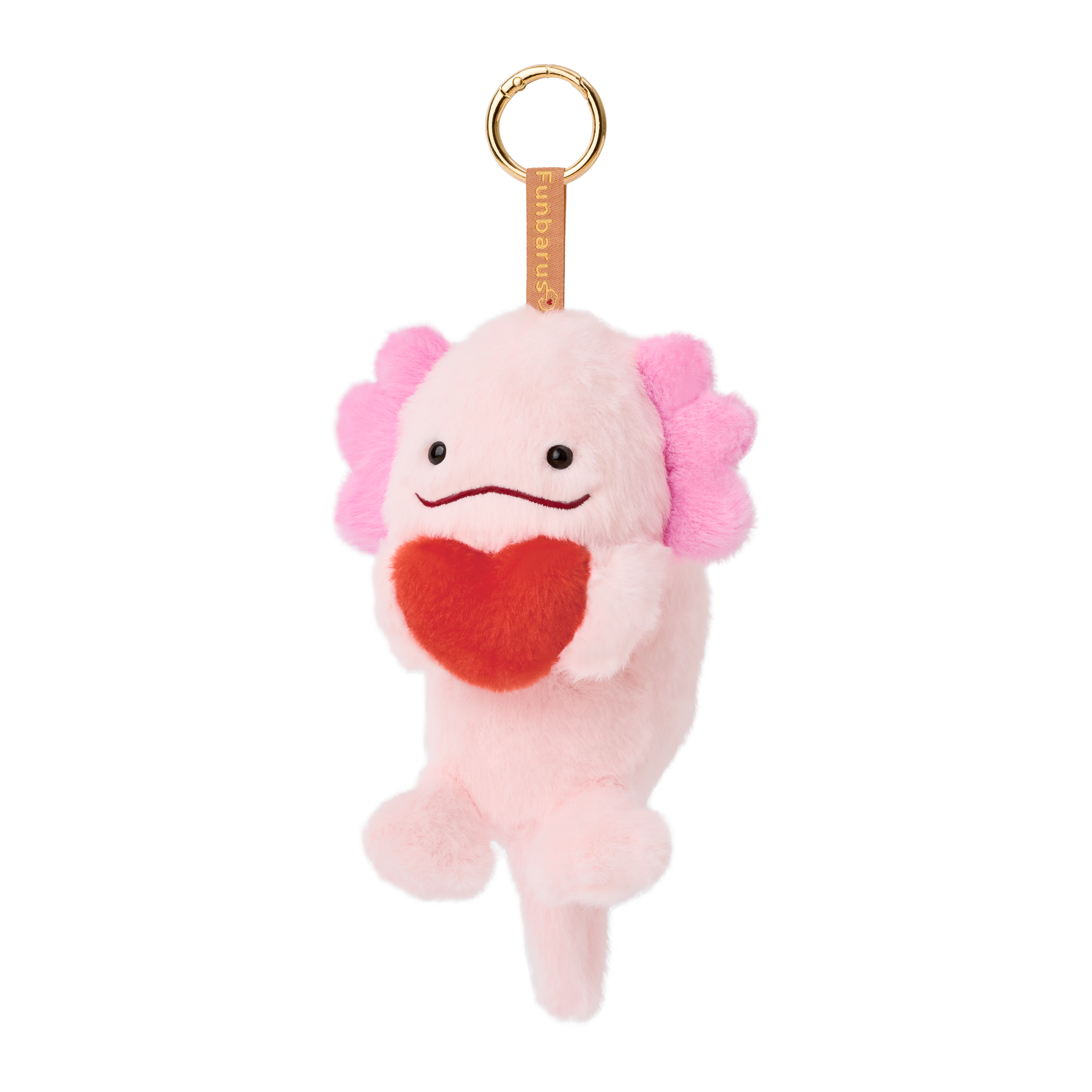 Product image shows Posture Pal Bag Charm, Axolotl variant with a brown tag and gold circle clip. Axolotl is light pink and dark pink colored, holding a red plush heart between its hands.