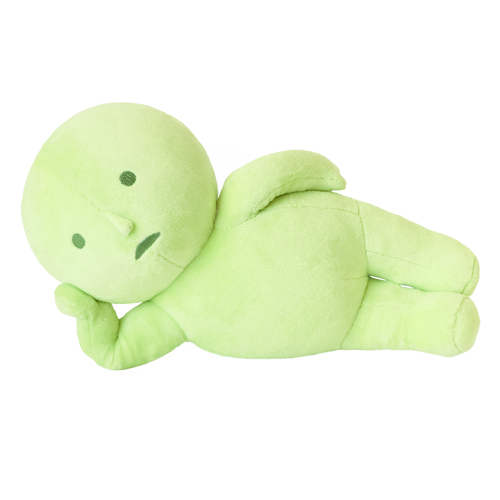 On transparent background, "Laying down" chubby plush lays on side with head propped up on hand. 