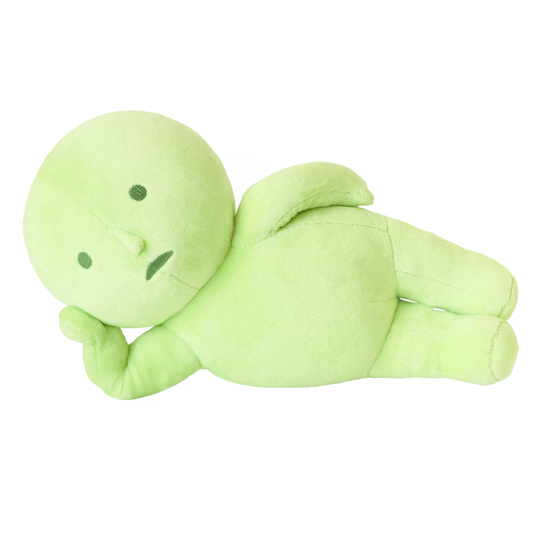 On transparent background, "Laying down" chubby plush lays on side with head propped up on hand. 