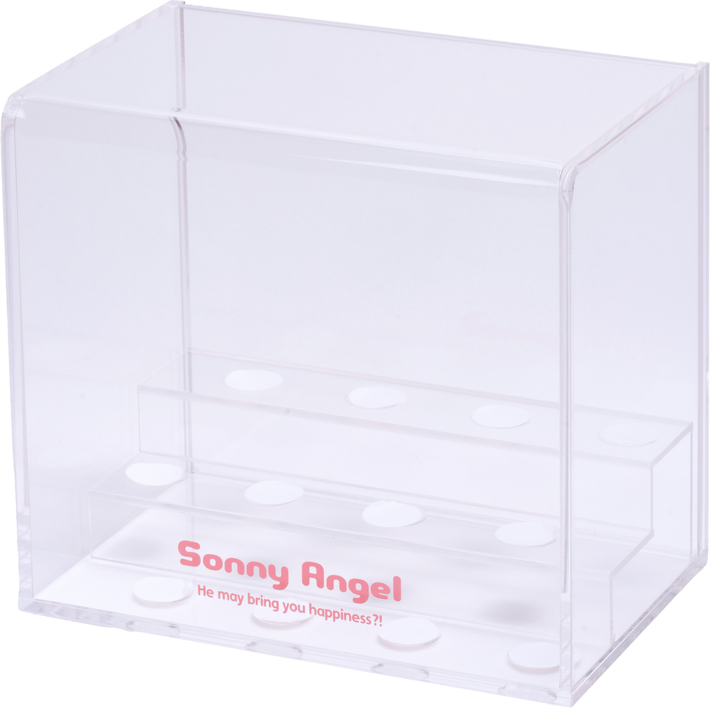 Sonny Angel Display Case; branded with Sonny Angel logo and slogan "He may bring you happiness?!". Clear acrylic case shows risers with spaces for minifigures