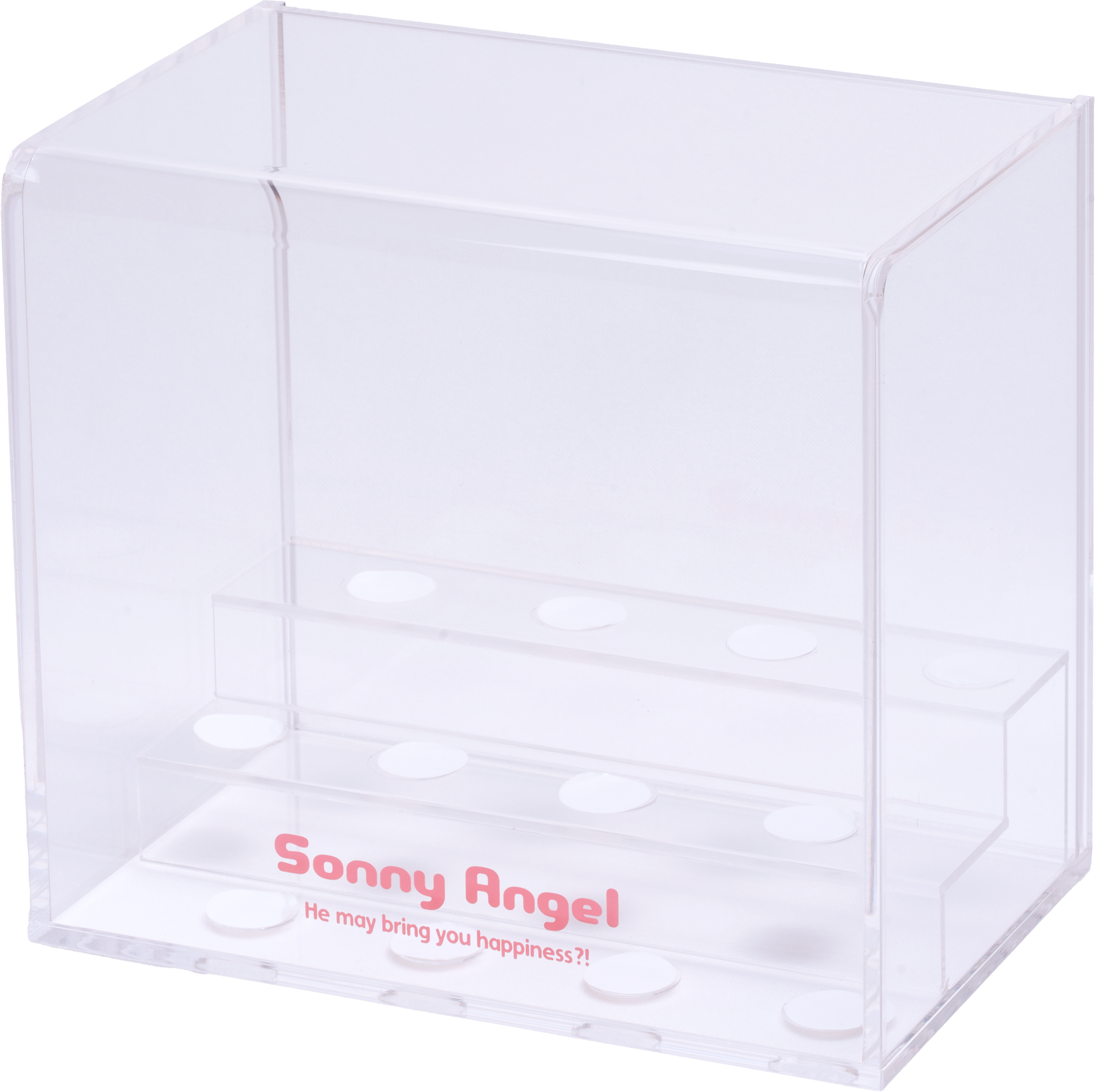 Sonny Angel Display Case; branded with Sonny Angel logo and slogan "He may bring you happiness?!". Clear acrylic case shows risers with spaces for minifigures