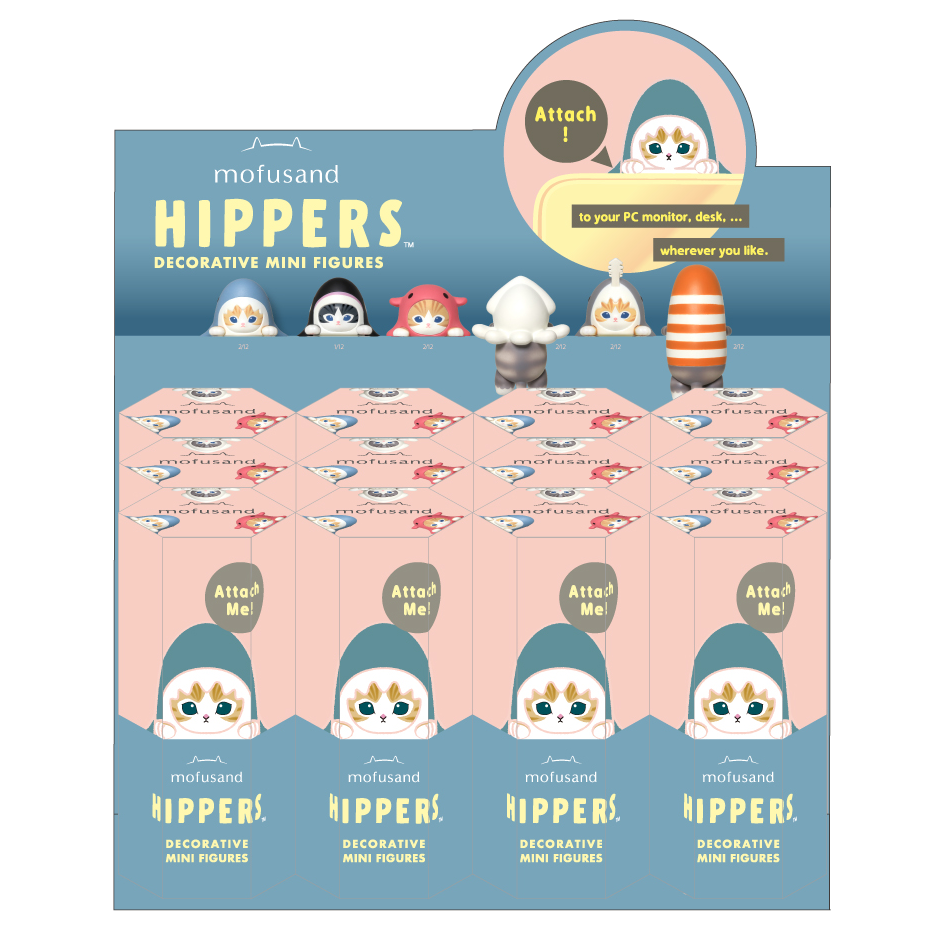 digital render of the mofusand hipper assortment box of twelve including the pop display and 12 included individual blind boxes