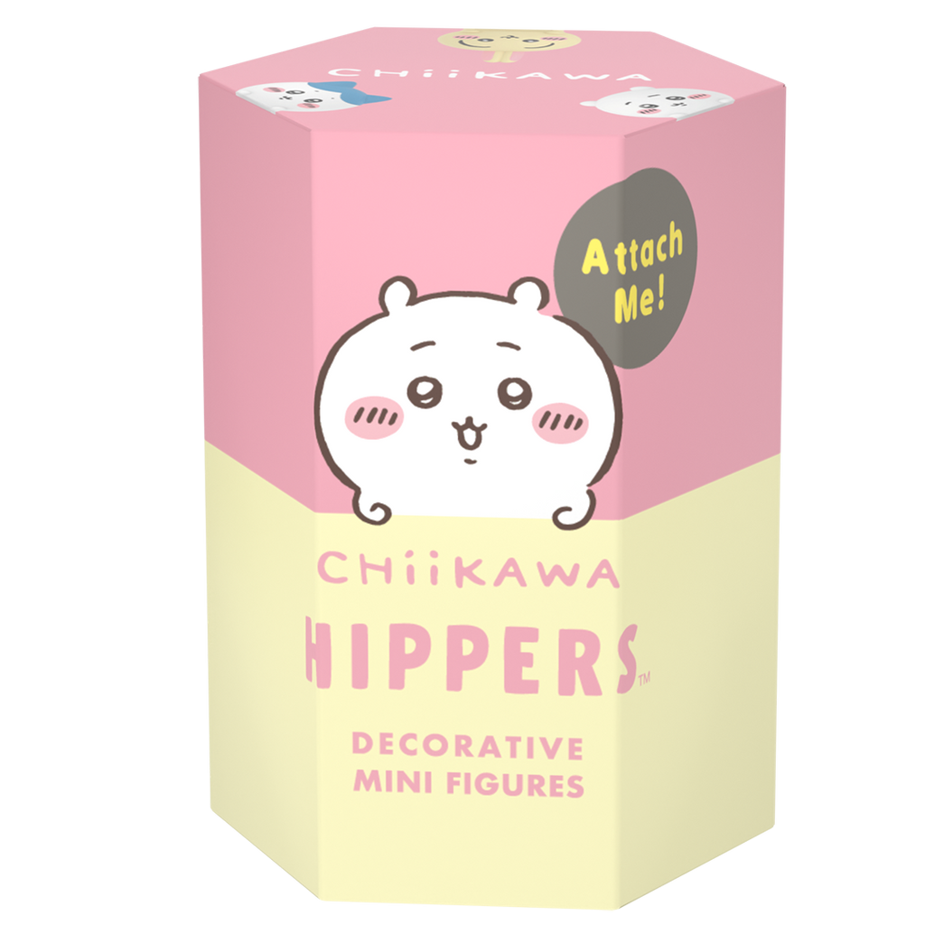 Pink and yellow Chiikawa Hippers Decorative Mini Figures product box shows white Chiikawa figure and words "Attach me!"