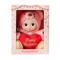 Sonny Angel Happy Birthday Cuddly Bear product image depicts Sonny Angel in a pink fuzzy bear outfit holding a red plush heart.