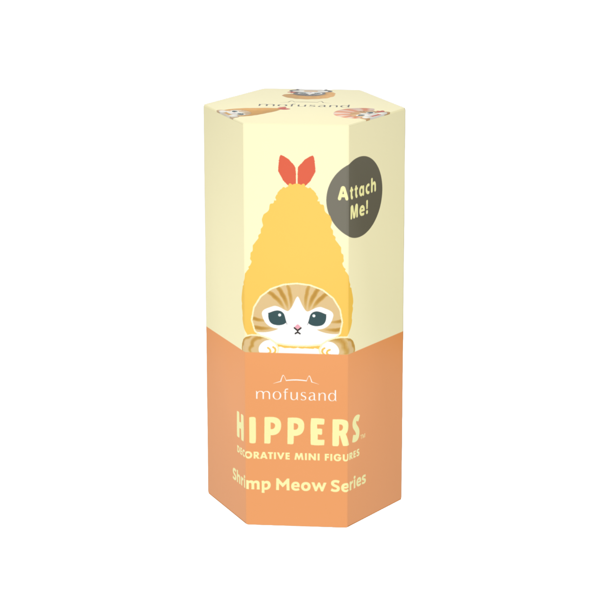 mofusand HIPPERS Decorative Mini Figures Shrimp Meow Series product image. In yellow and orange blind box packaging, mofusand HIPPERS Shrimp Meow product shows a cat with a tempura shrimp headdress beside the text "Attach Me!"