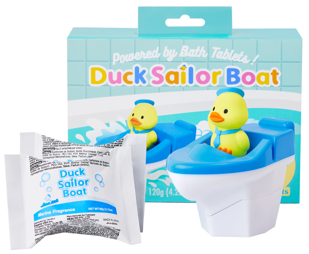 duck sailor boat blue variant packaging and product image; blue duck sailor boat box with blue duck sailor boat and 2 refill packets removed from box