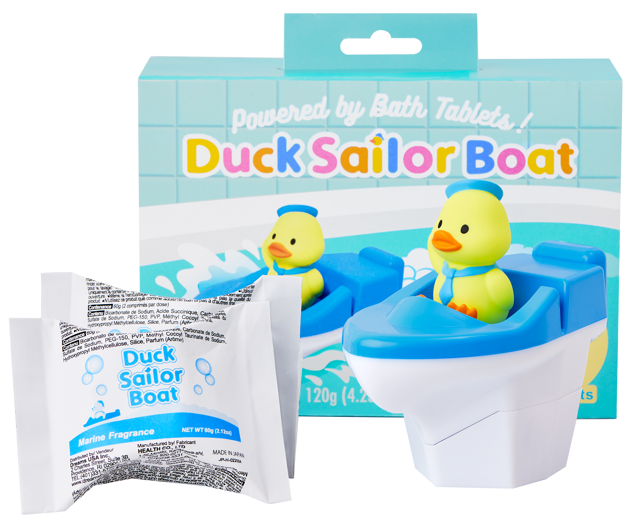 duck sailor boat blue variant packaging and product image; blue duck sailor boat box with blue duck sailor boat and 2 refill packets removed from box