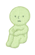 Image with transparent background shows SMISKI Embroidery Sticker "Hugging Knees" SMISKI is a light green figure with dark green eyes, nose and mouth with SMISKI's knees folded and hands atop knees. 