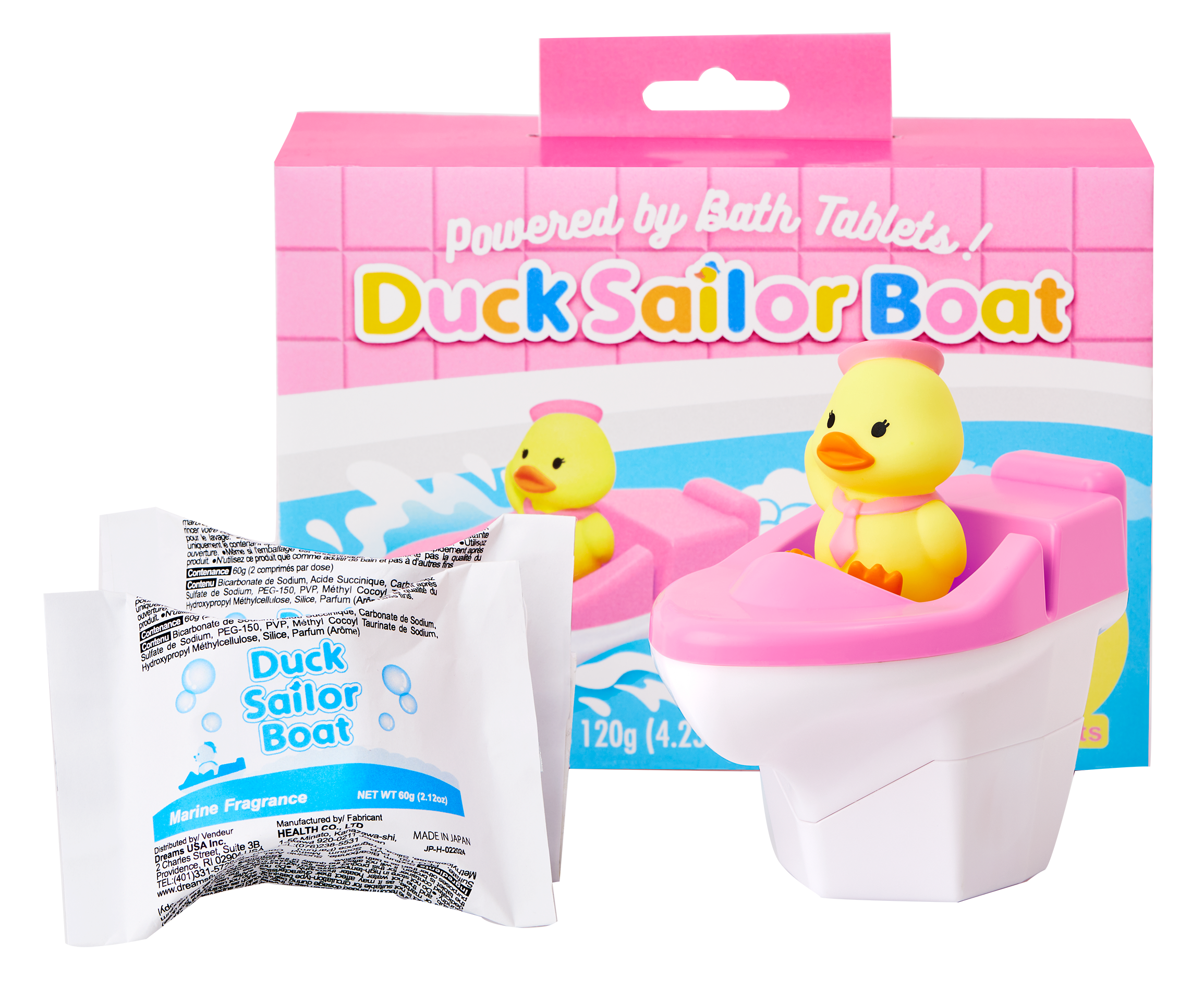 duck sailor boat pink variant packaging and product image; pink duck sailor boat box with pink duck sailor boat and 2 refill packets removed from box