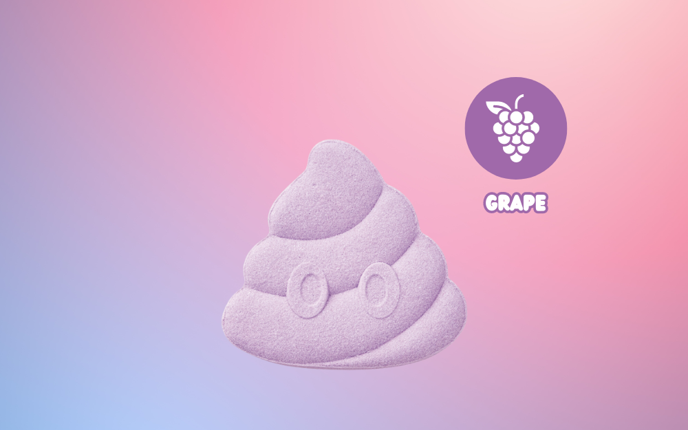 product closeup of rainbomb mini poop emoji against a pink and purple background with the text GRAPE