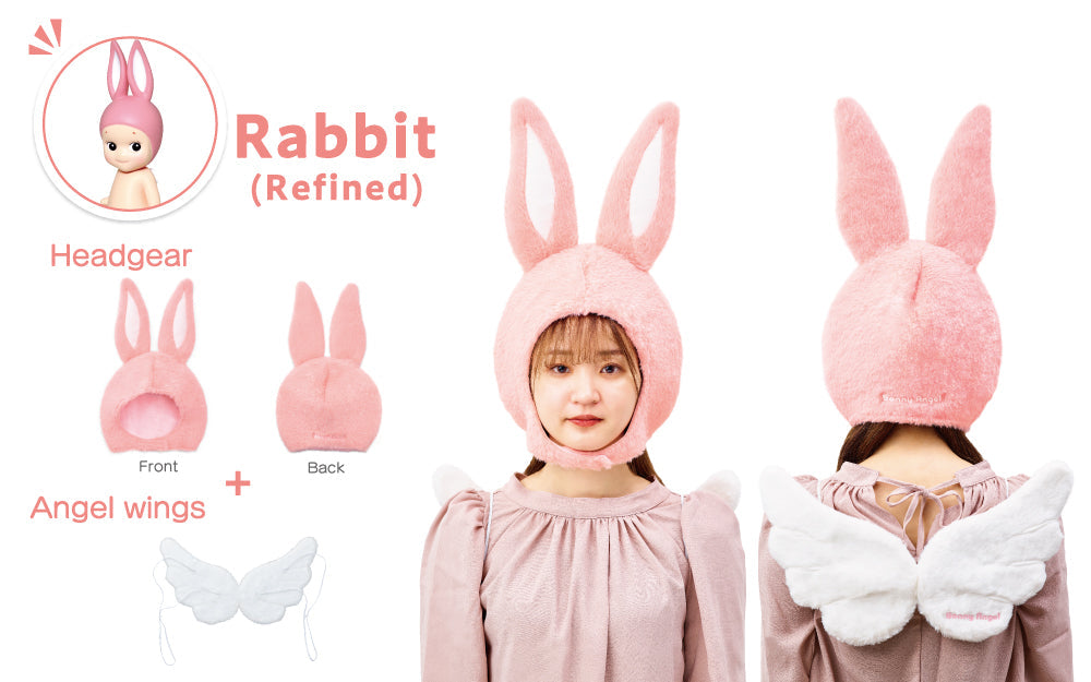 instructional image featuring rabbit sonny angel costume series 2 version. line one: render of rabbit sonny angel mini figure with words RABBIT; line two: HEADGEAR with photos of front and back of the rabbit hat labelled over a PLUS sign; line three: ANGEL WINGS with photo of angel wings costume piece; right: model front and back wearing rabbit headgear and wings