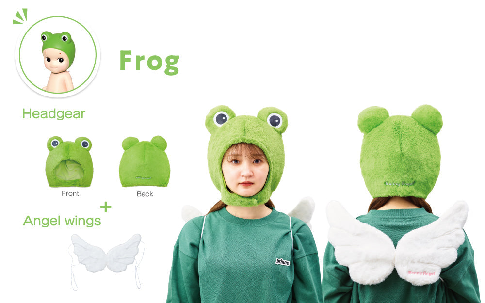 instructional image featuring frog sonny angel costume series 2 version. line one: render of frog sonny angel mini figure with word FROG; line two: HEADGEAR with photos of front and back of the frog hat labelled over a PLUS sign; line three: ANGEL WINGS with photo of angel wings costume piece; right: model front and back wearing frog headgear and wings