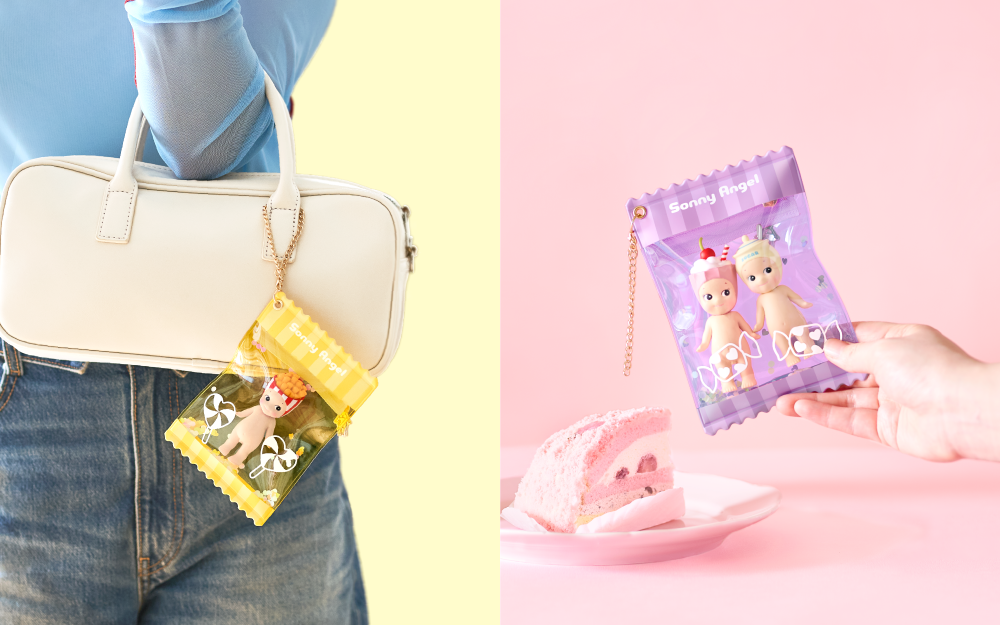 Handbag with My Bestie Case Sweet Candy attached, featuring Sonny Angel minifigures on a pastel background