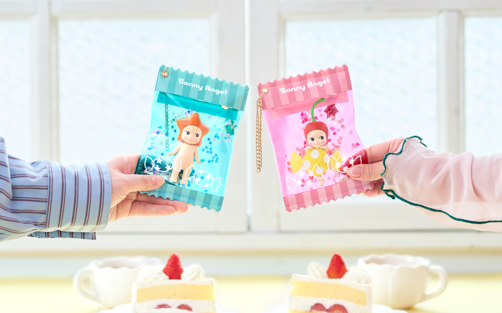 Two My Bestie Cases labeled 'Sunny Angel' held by hands with a window in the background.