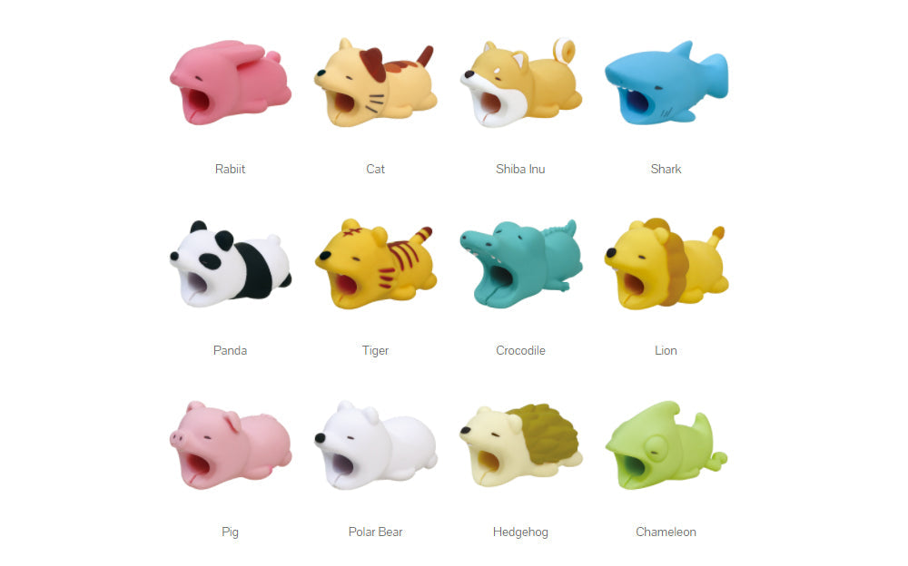 Cable Bite Vol. 1 product image shows all variants in the series. From top to bottom, left to right: pink rabbit, calico cat, orange dog, green frog, black and white panda, green crocodile, yellow and green turtle, purple hippopotamus, white polar bear, yellow and brown tiger, blue shark and green chameleon