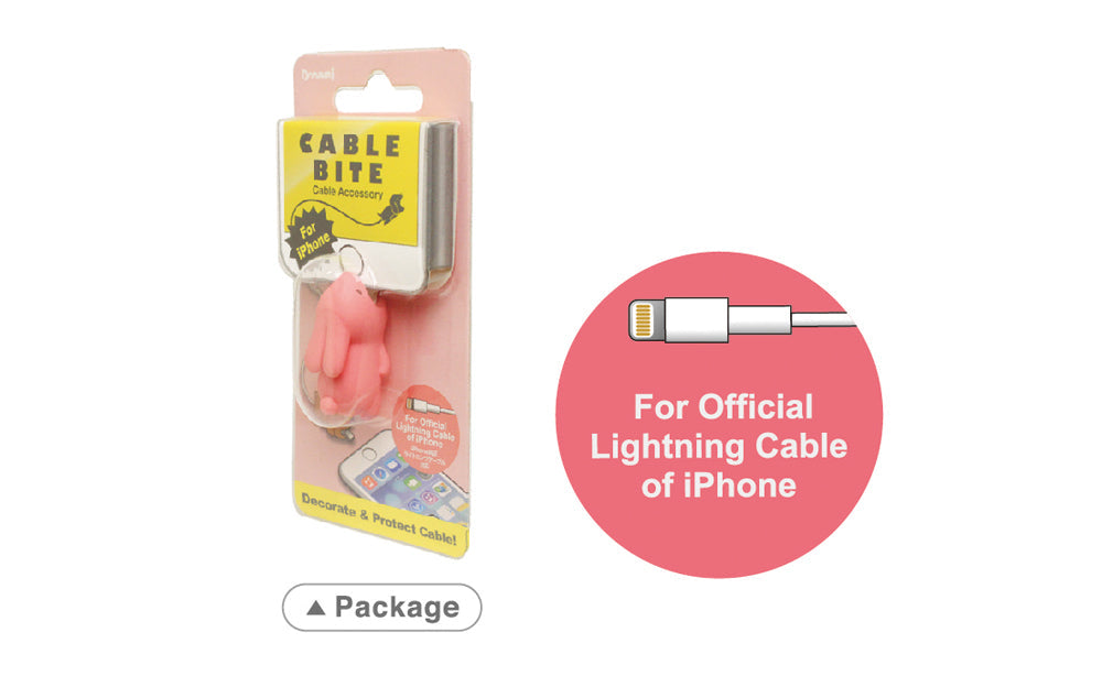 Product image shows Cable Bite accessory for Iphone. Cable Bite- Rabbit shown in product packaging beside text "For Official Lightning Cable of IPhone"