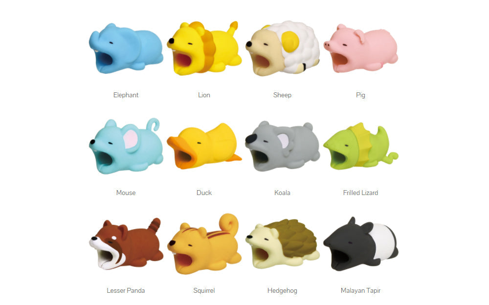 Image set against white background shows all product variants for Cable Bite Volume 2. From left to right, top to bottom: Elephant, Lion, Sheep, Pig, Mouse, Duck, Koala, Frilled Lizard, Lesser Panda, Squirrel, Hedgehog, and Malayan Tapir