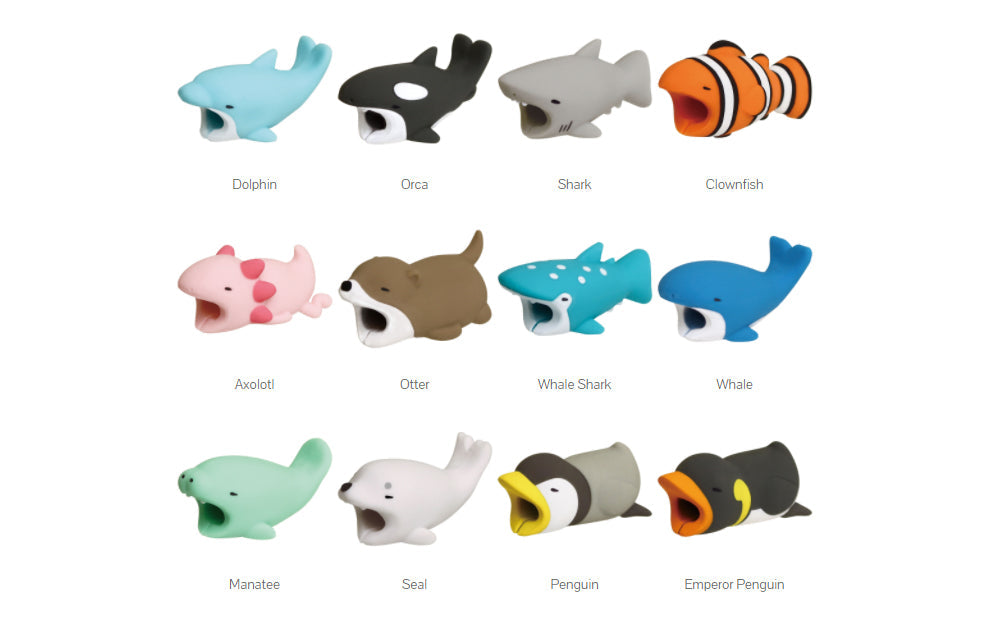Image shows all variants in Cable Bite Volume 3. From top to bottom, left to right: Dolphin, Orca, Shark, Clownfish, Axolotl, Otter, Whale Shark, Whale, Manatee, Seal, Penguin and Emperor Penguin set against a white background