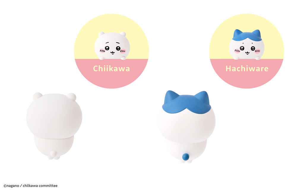 Set on a white background, two of the new Chiikawa Hipper figures. Left: Chiikawa, a white animal like figure with small round ears. Right: Hachiware, a blue and white animal figure with cat like ears. 