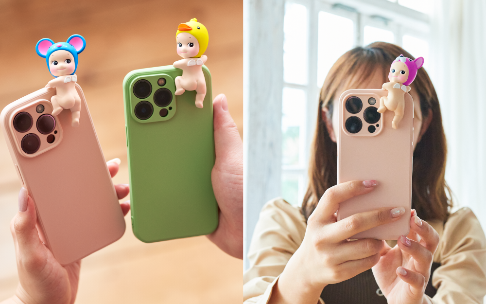 two part lifestyle image for sonny angel hippers looking back. left features mouse and duck figures attached to pink and green phone cases. right shows french bulldog figure attached to a pink phone case while a model takes a selfie