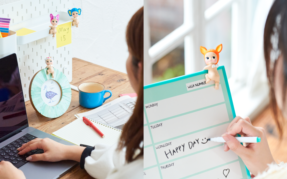 two part lifestyle image for sonny angel hippers looking back. left image shows person working on a laptop at a desk with hamster, french bulldog, and elephant figures attached to a frame and desk organizer (left to right); right show fawn attached to a whiteboard while a person writes HAPPY DAY with a black marker