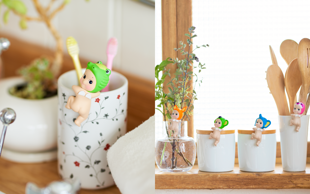 two part lifestyle image for sonny angel hippers looking back. left shows crocodile on a toothbrush cup in a bathroom set; right shows fawn, koala, elephant, and sloth (left to right) hippers looking back mini figures attached to a vase, white container, white container, and kitchen utensil holder (left to right) in a kitchen set