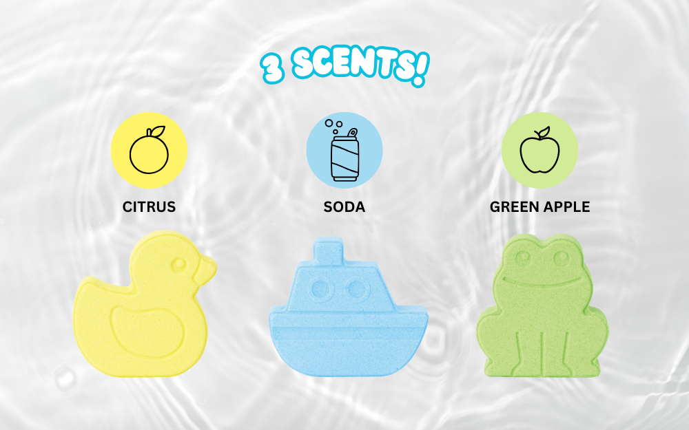 lineup of all three rainbomb mini product renders (left to right: yellow duck, blue boat, green frog) with text 3 SCENTS! CITRUS, SODA, GREEN APPLE
