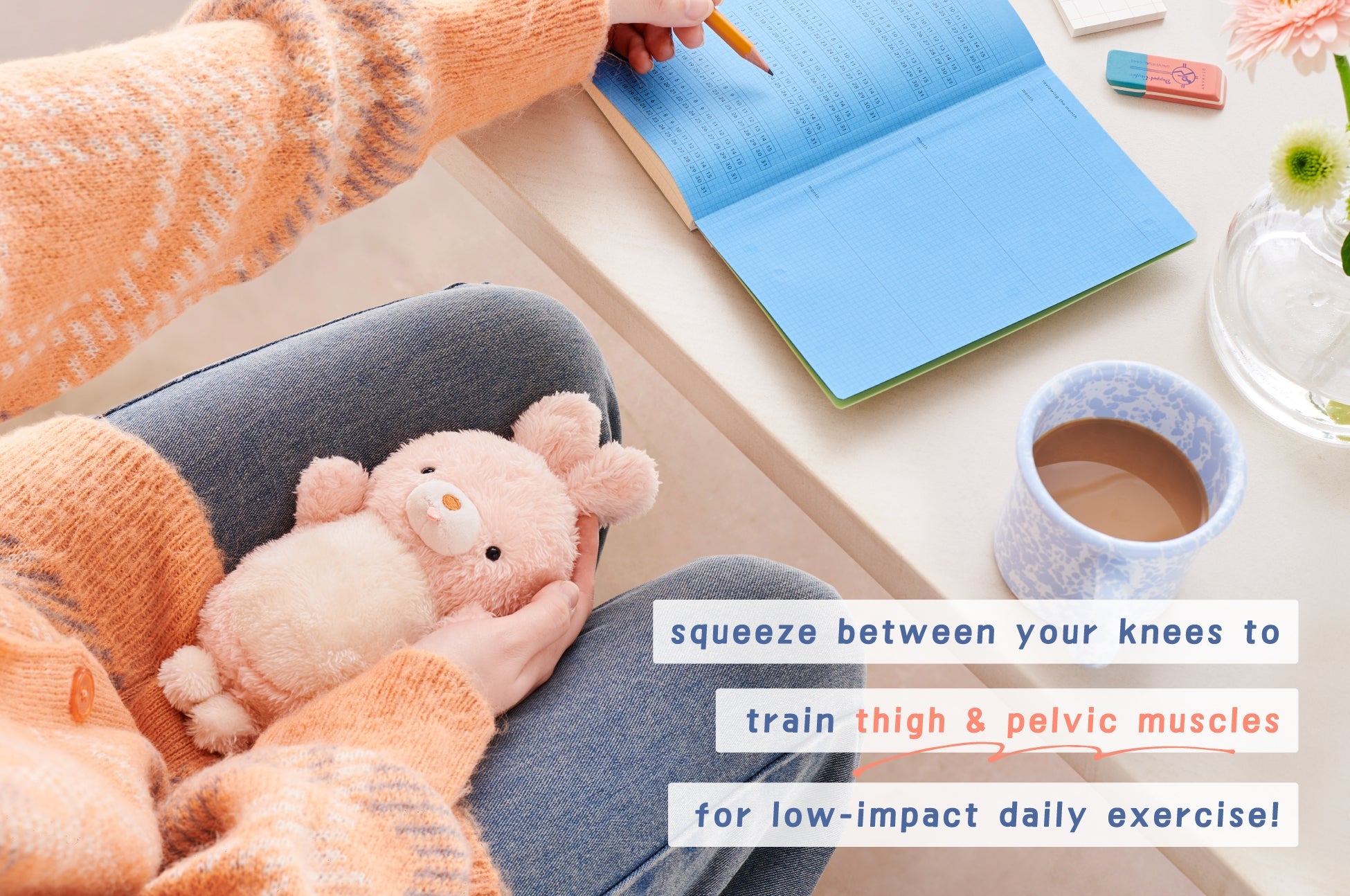 mugyuuus banner image featuring a person in an orange sweater sitting at their desk writing in a blue notebook. they have rabbit between their thighs. text reads: squeeze between your knees to train thigh & pelvic muscles for low-impact daily exercise!