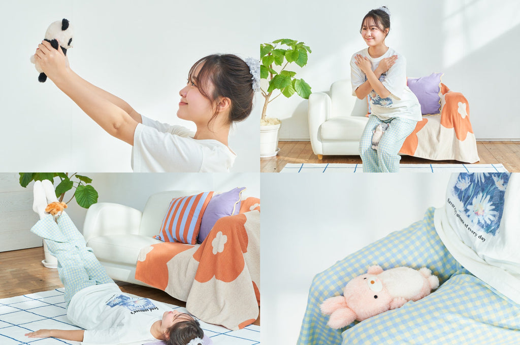 mugyuuus lifestyle image collage of person in pajamas working out with mugyuuus plush figures. top left: person raising panda over their head; rop right: person doing squats with cat between their thighs; bottom left: person doing left lifts with beagle between their ankles; bottom right, person sitting with rabbit between their thighs. 
