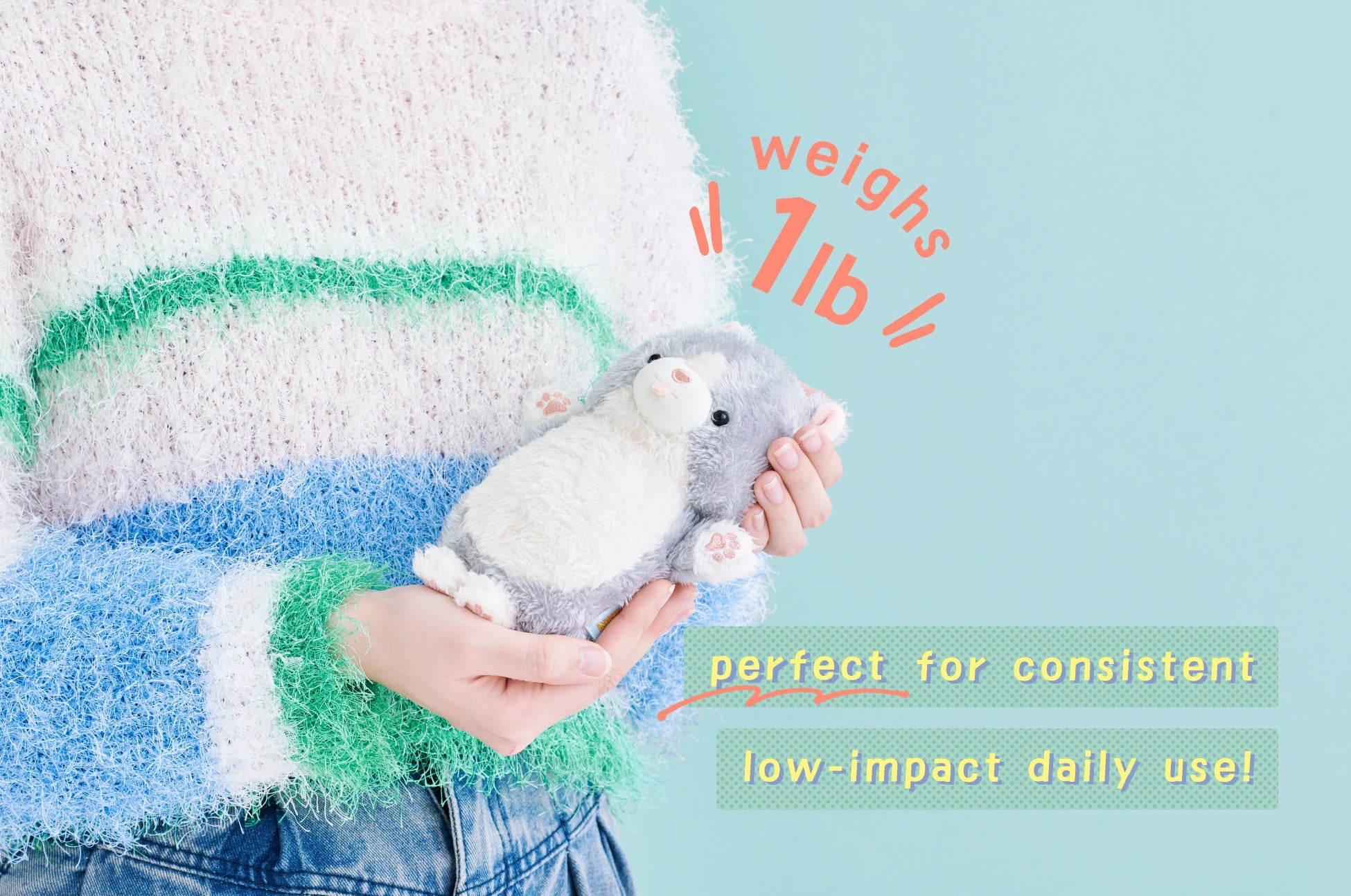 mugyuuus product banner image featuring person in a blue, green, and white sweater holding peanuts the cat mugyuuus plush. text reads WEIGHS 1lb - perfect for consistent low-impact daily use!