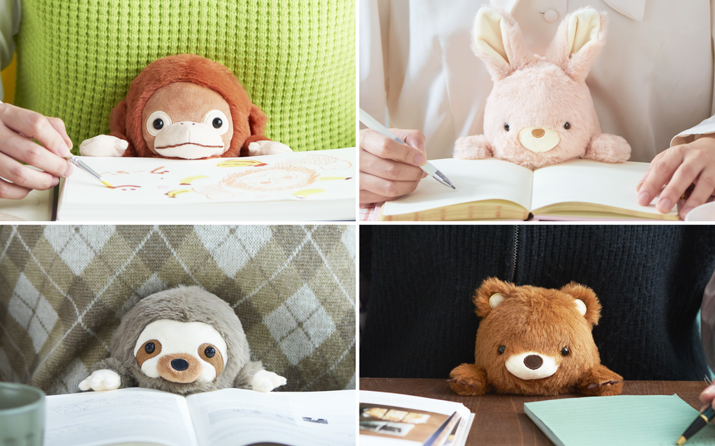 image split into four sections showing posture pal orangutan, rabbit, sloth, and bear positioned between various models torsos and desks