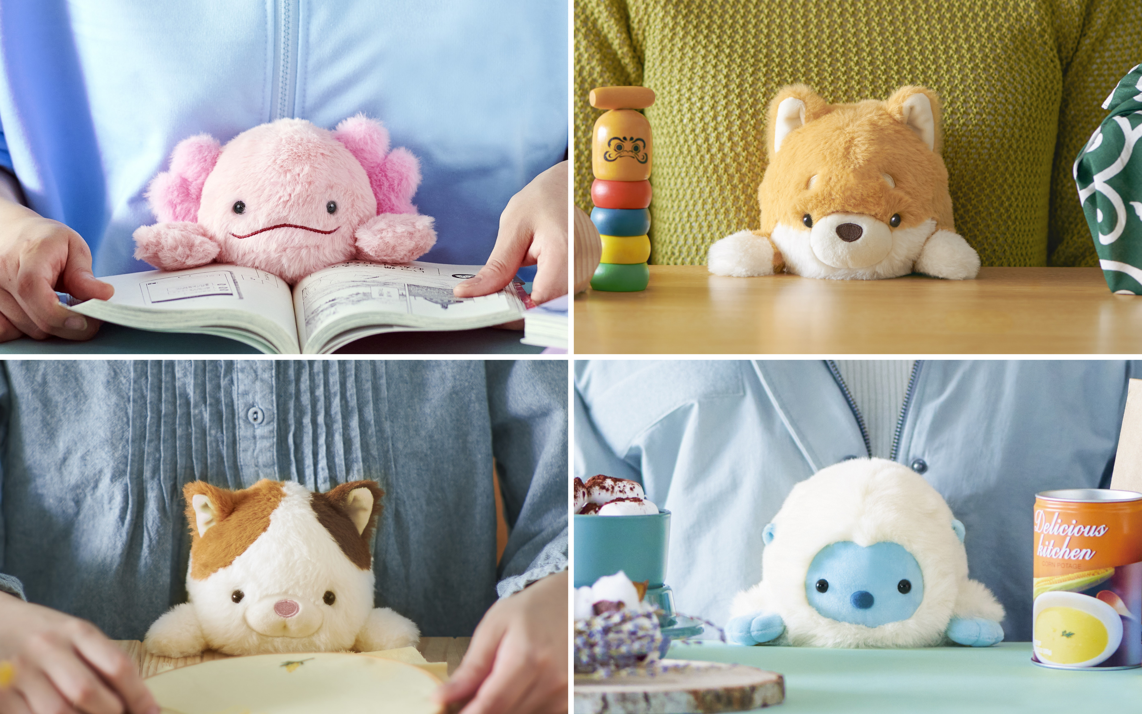 image split into four sections showing posture pal axolotl, shiba inu, calico cat, and yeti positioned between various models torsos and desks