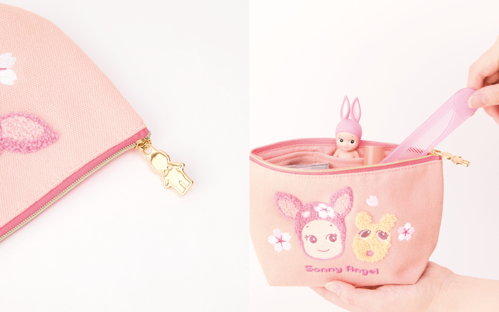 two part detail image; left shoes closeup of gold sonny angel zipper clasp on sonny angel cherry blossom zipper pouch; right shows opened zipper pouch with sonny angel rabbit figure peeking out. one hand holds it from the bottom, another inserts a comb from the side