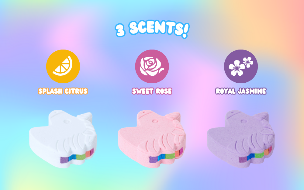 rainbomb unicorn product renders of citrus, rose, and jasmine scents over rainbow backdrop. text reads: 3 SCENTS! SPLASH CITRUS SWEET ROSE ROYAL JASMINE