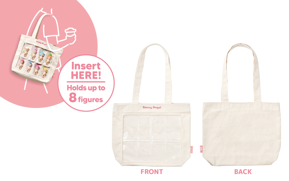 product closeup of my crew bag. left includes illustration of person wearing a filled my crew bag and the text INSERT HERE! HOLDS UP TO 8 FIGURES. right includes front and back product renders of bag with text FRONT and BACK