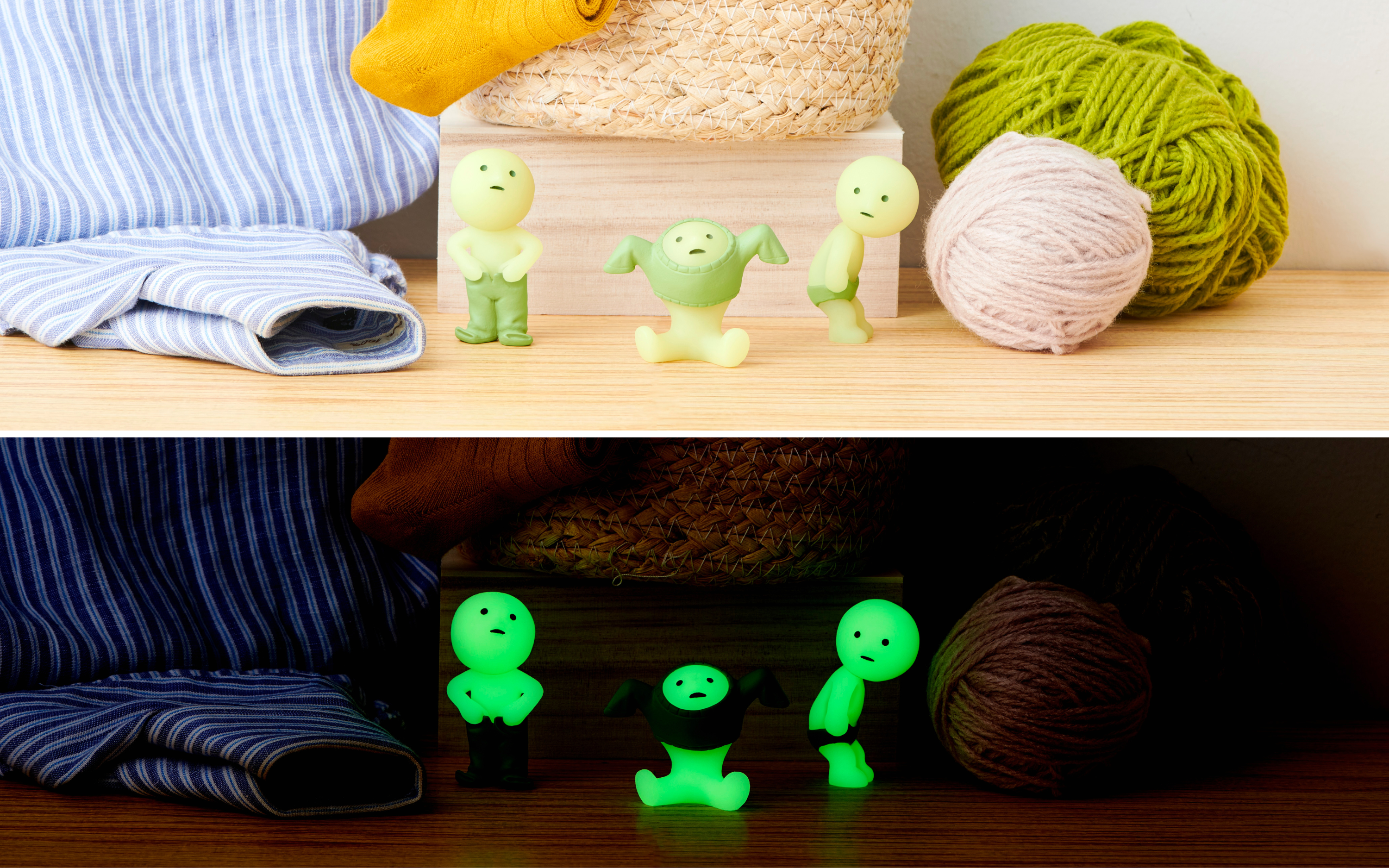split lifestyle image of smiski putting on pants, sweater, and underwear. top image has light background. bottom image has dark background with all three figures glowing