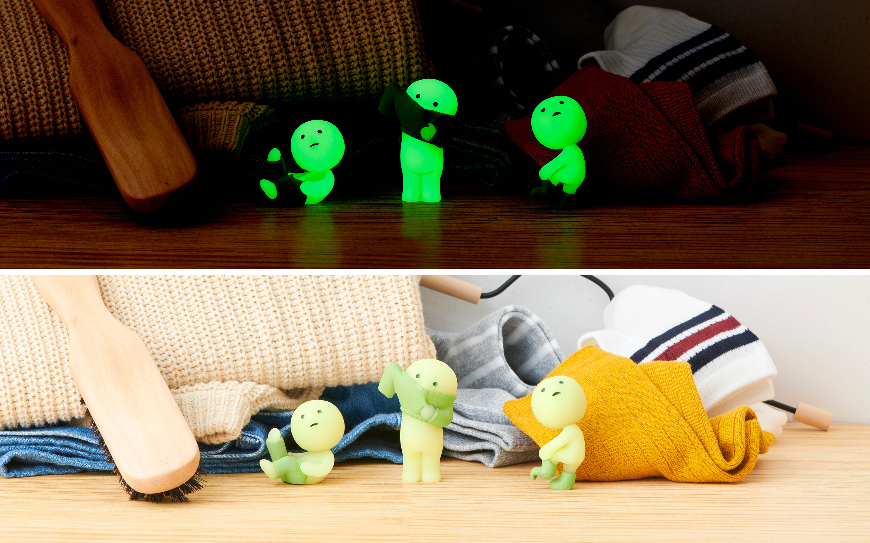 split lifestyle image featuring smiski struggling to put on pants, shirt, and socks. top image has dark background with all figures glowing, bottom image has light background
