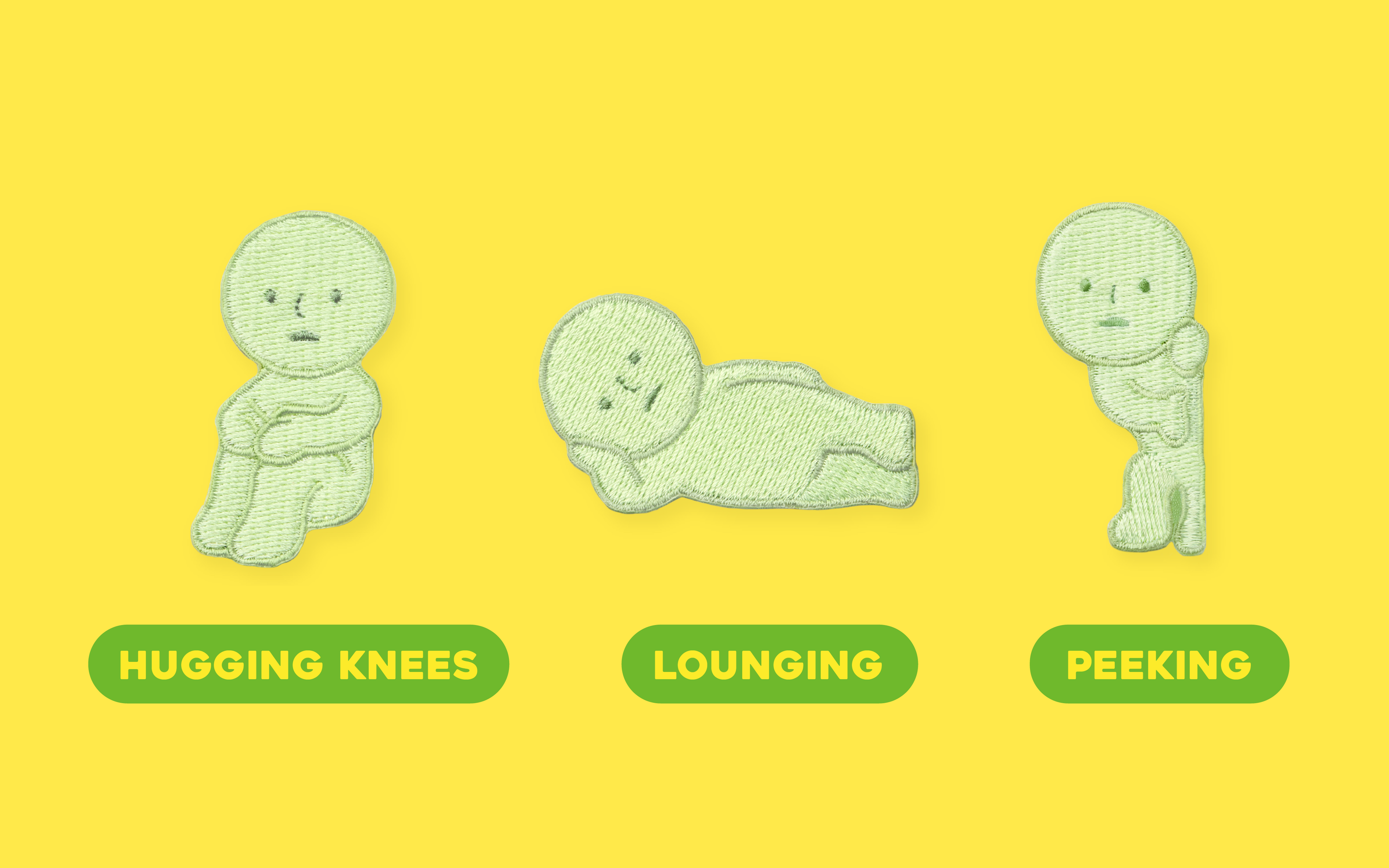 Image set on yellow background. Items show the three variations of SMISKI Embroidery Stickers. From Left to Right: SMISKI "Hugging Knees", SMISKI "Lounging" and SMISKI "Peeking" with corresponding text below each sticker in green and yellow. 