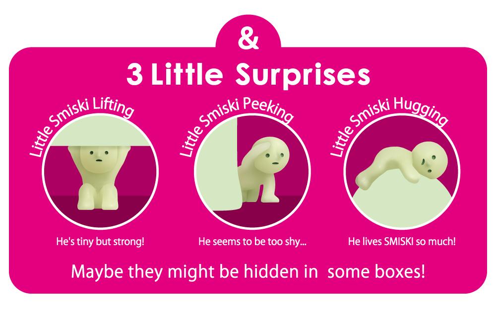 illustration of secret minis on hot pink background. text and three little surprises little smiski lifting he's tiny but strong! little smiski peeking he seems to be too shy... little smiski hugging he loves smiski so much! maybe they might be hidden in some boxes