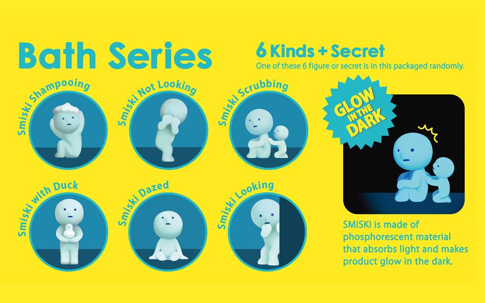 smiski bath series product illustration lineup text bath series six kinds plus secret one of these six figures or secret is in the package randomly smiski shampooing smiski not looking smiski scrubbing smiski with duck smiski dazed smiski looking smiski is made of phosphorescent material that absorbs light and makes product glow in the dark
