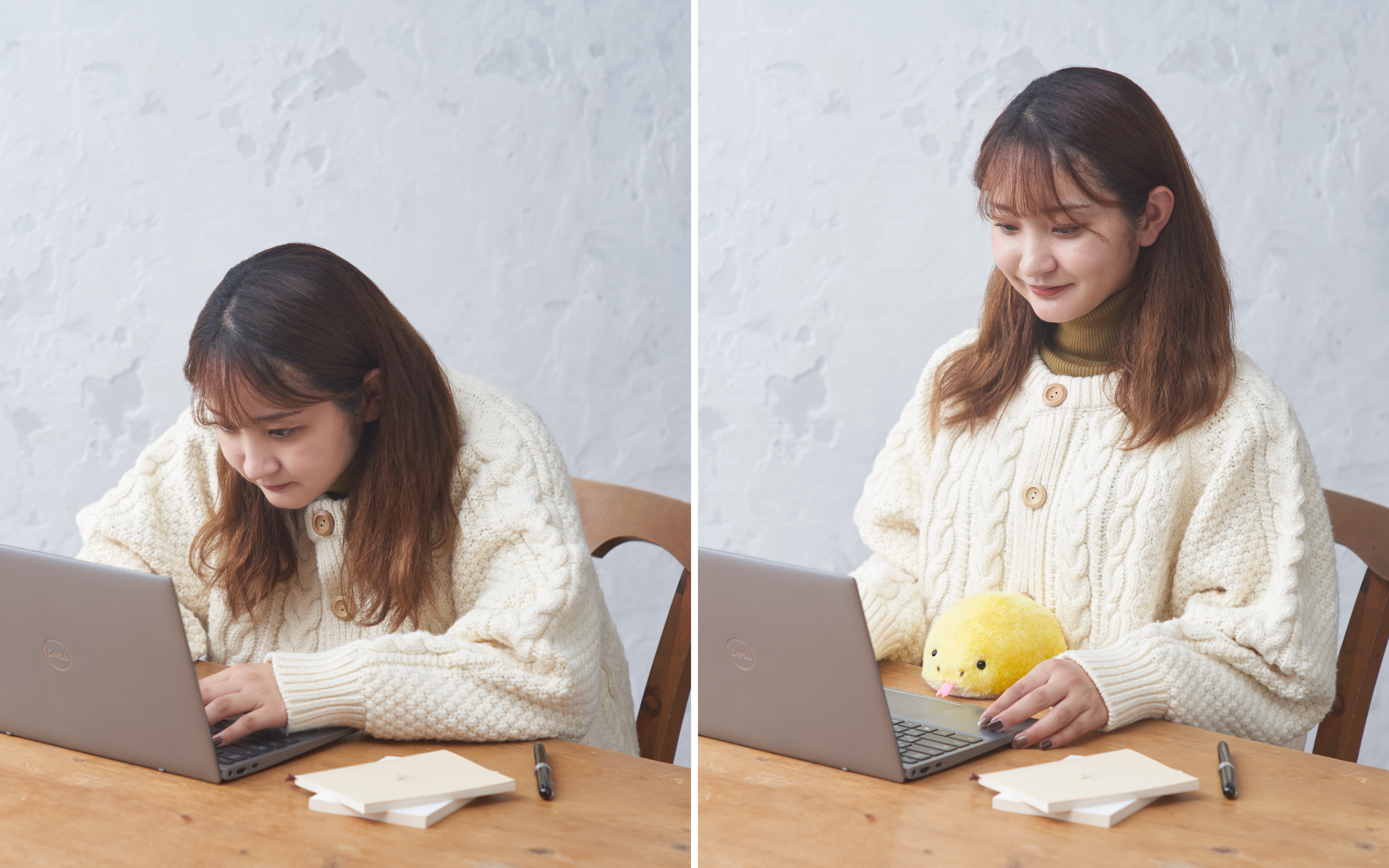 spliced lifestyle image of posture pal snake yellow split down the middle. left image features a person slouching over while working at a laptop, right image shows the same person sitting up straight and smiling with posture pal snake yellow sitting between their abdomen and the edge of the desk