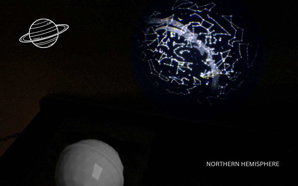 white northern hemisphere projector dome projecting onto a dark wall with the text NORTHERN HEMISPHERE and a saturn illustration