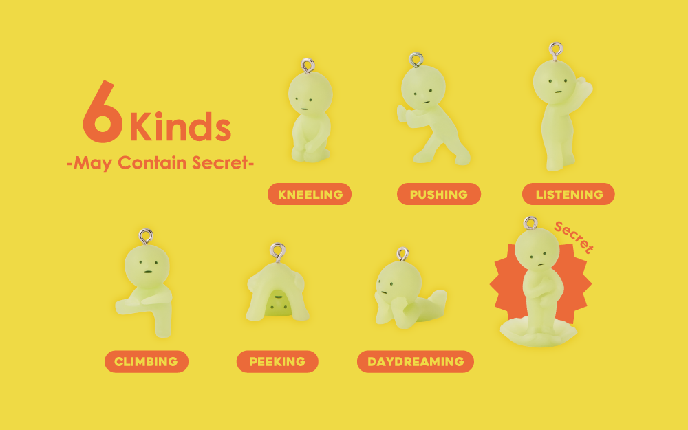 Product image shows SMISKI Strap Accessories Volume 2 Series charms against a bright yellow background with text that reads "6 Kinds- May Contain Secret-" From left to right, SMISKI charms are: Kneeling, Pushing, Listening, Climbing, Peeking, Daydreaming and the secret charm, "The Birth of Venus"